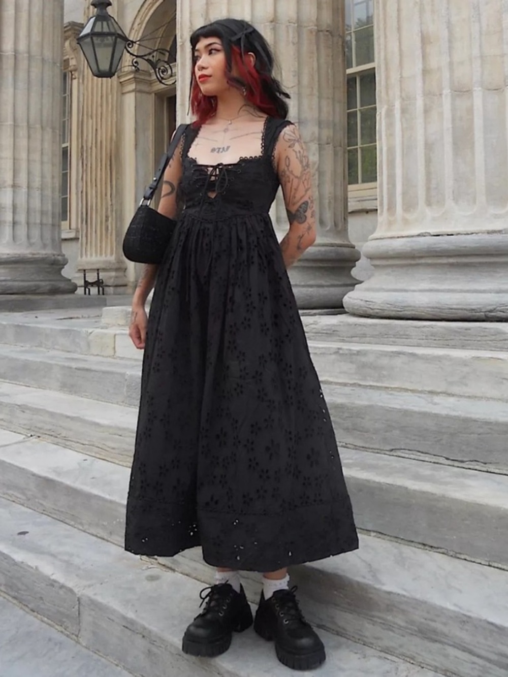 For Love And Lemons Nicola Eyelet Lace Up Midi Dress Size XS NWT Solid Black - Picture 1 of 10